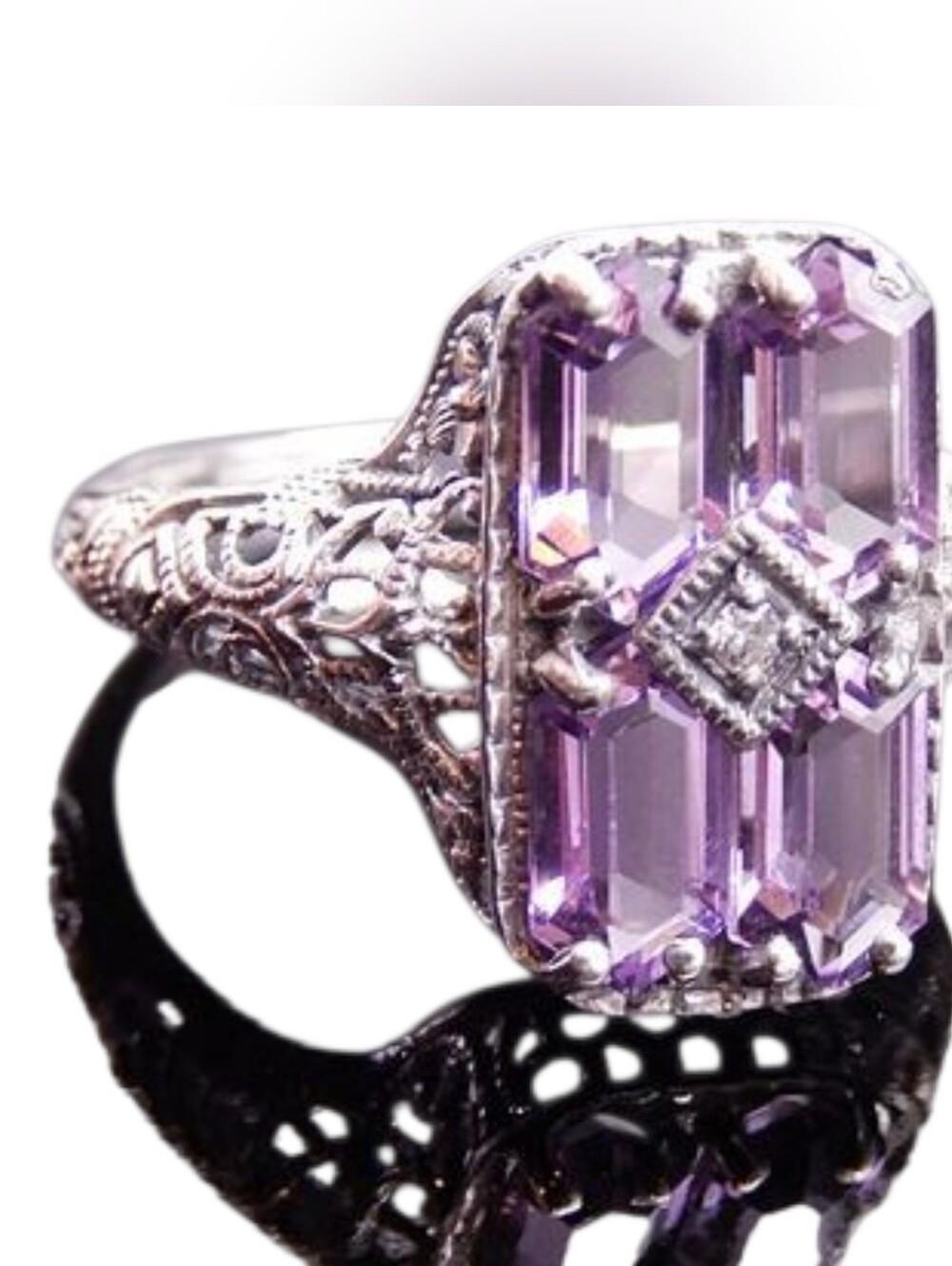 Vintage Art Deco Amethyst & Diamond Filigree Sterling Silver Statement Ring